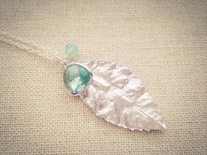 A beautiful leaf pendant with Swarovski Pacific Opal crystal, hanging from a 30” sterling silver filled chain, $35CAD.